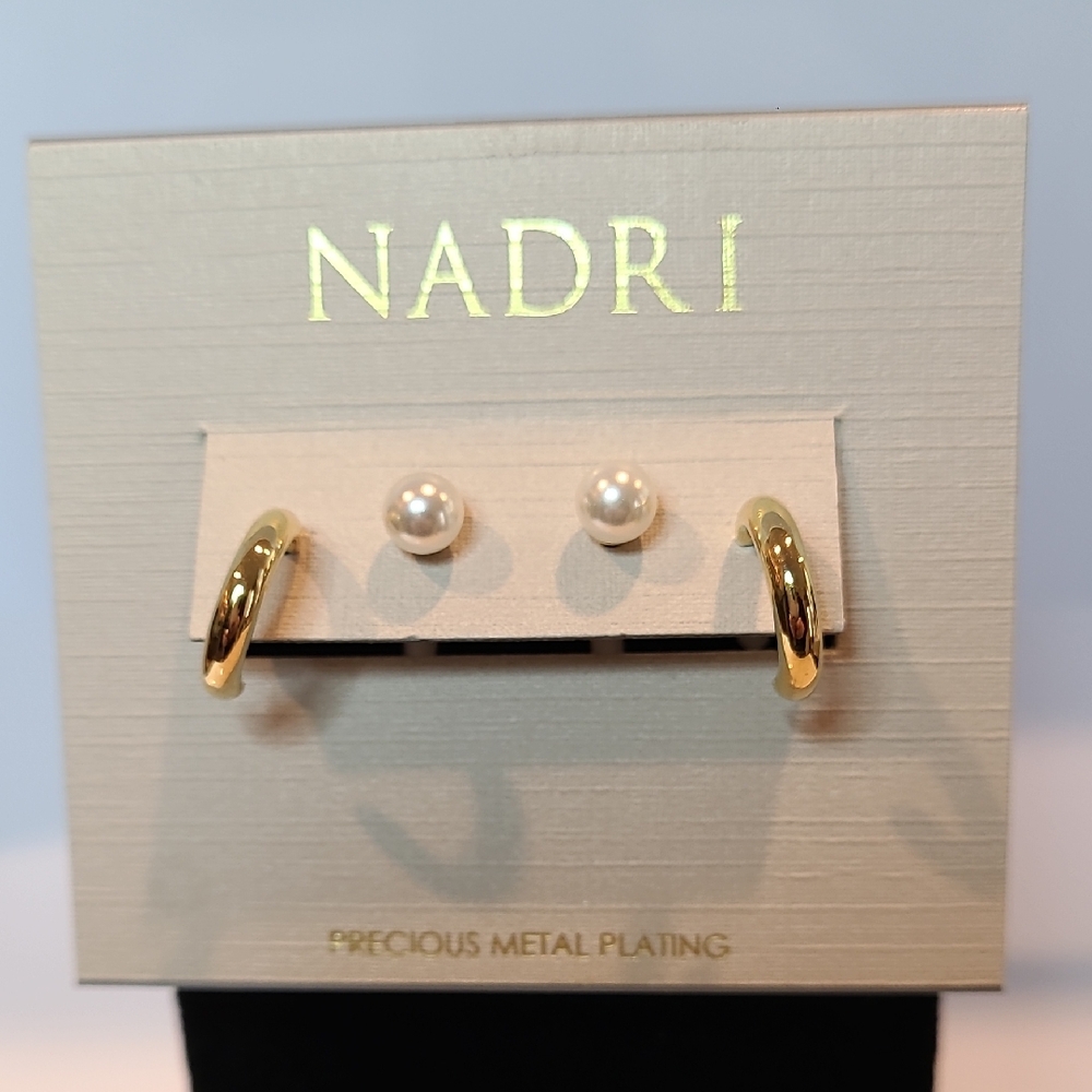 Nadri Gold Hoop and Pearl Stud Earrings